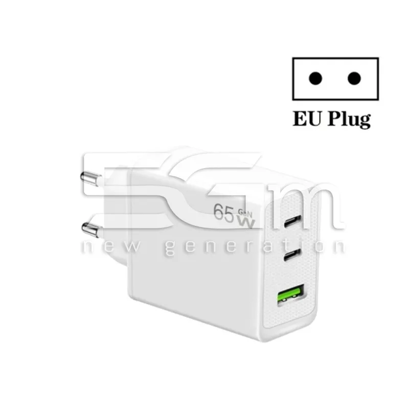 65W Gyors Töltő 1 USB + 2 USB Type C Fehér EU Csatlakozó | 5G-M